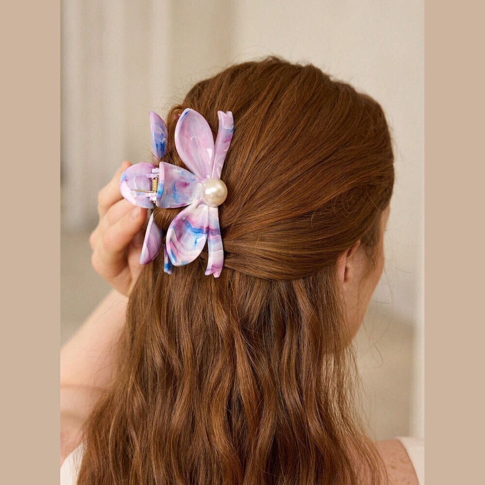 Purple Marble Flower Claw Clip with Pearl Center